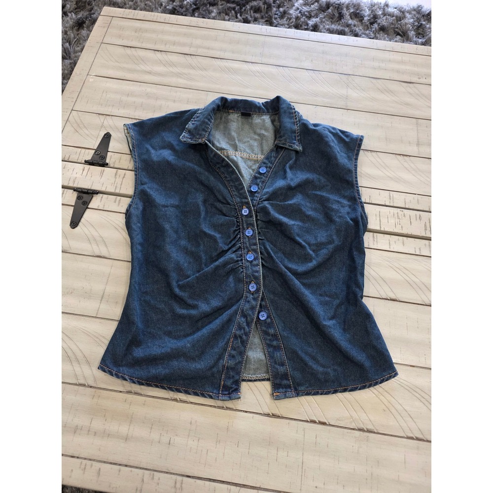 Women Medium Wash‎ Ruched Sleeveless Denim Button Up Top Blue Size s